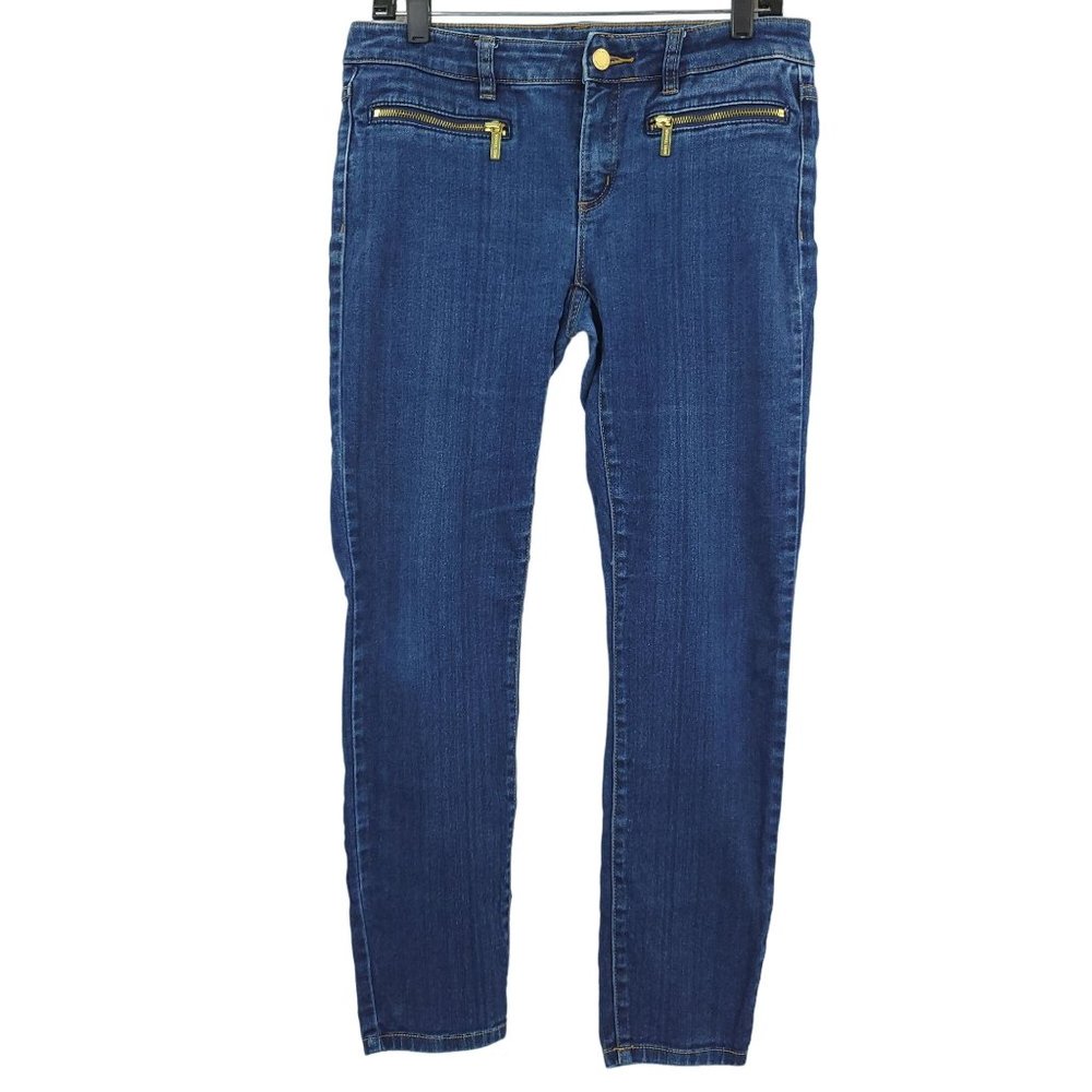 Michael Kors Skinny Jeans Gold Zip Pockets Women Sz 6 Dark Wash Mid Rise Stretch
